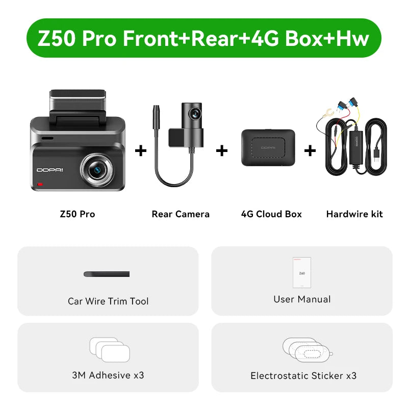 Front + rear + hardwire kit + 4G box package contents